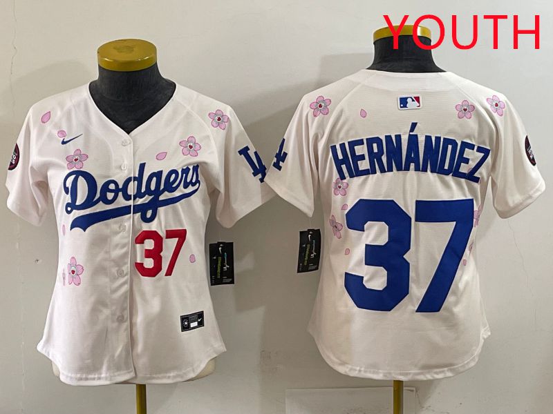 Youth Los Angeles Dodgers 37 Hernandez Cream Sakura Edition 2025 Nike MLB Jersey style 33